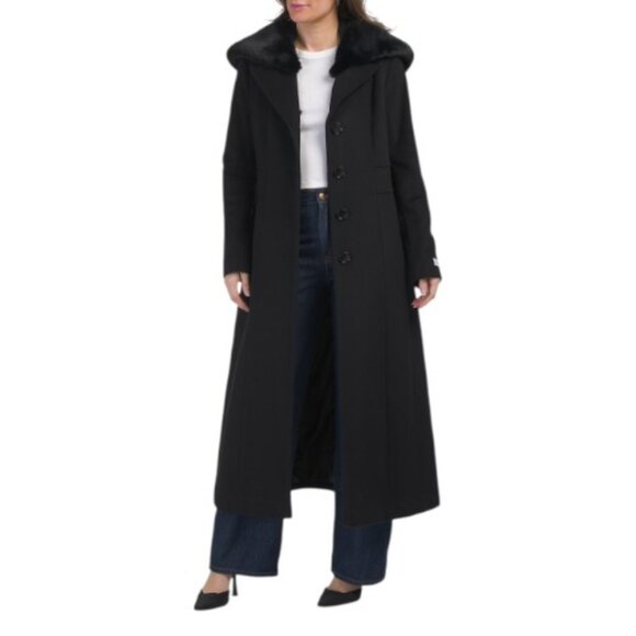 ANNE KLEIN Black Missy Maxi Wool Blend Coat With Faux Fur Shawl Collar - Picture 1 of 4